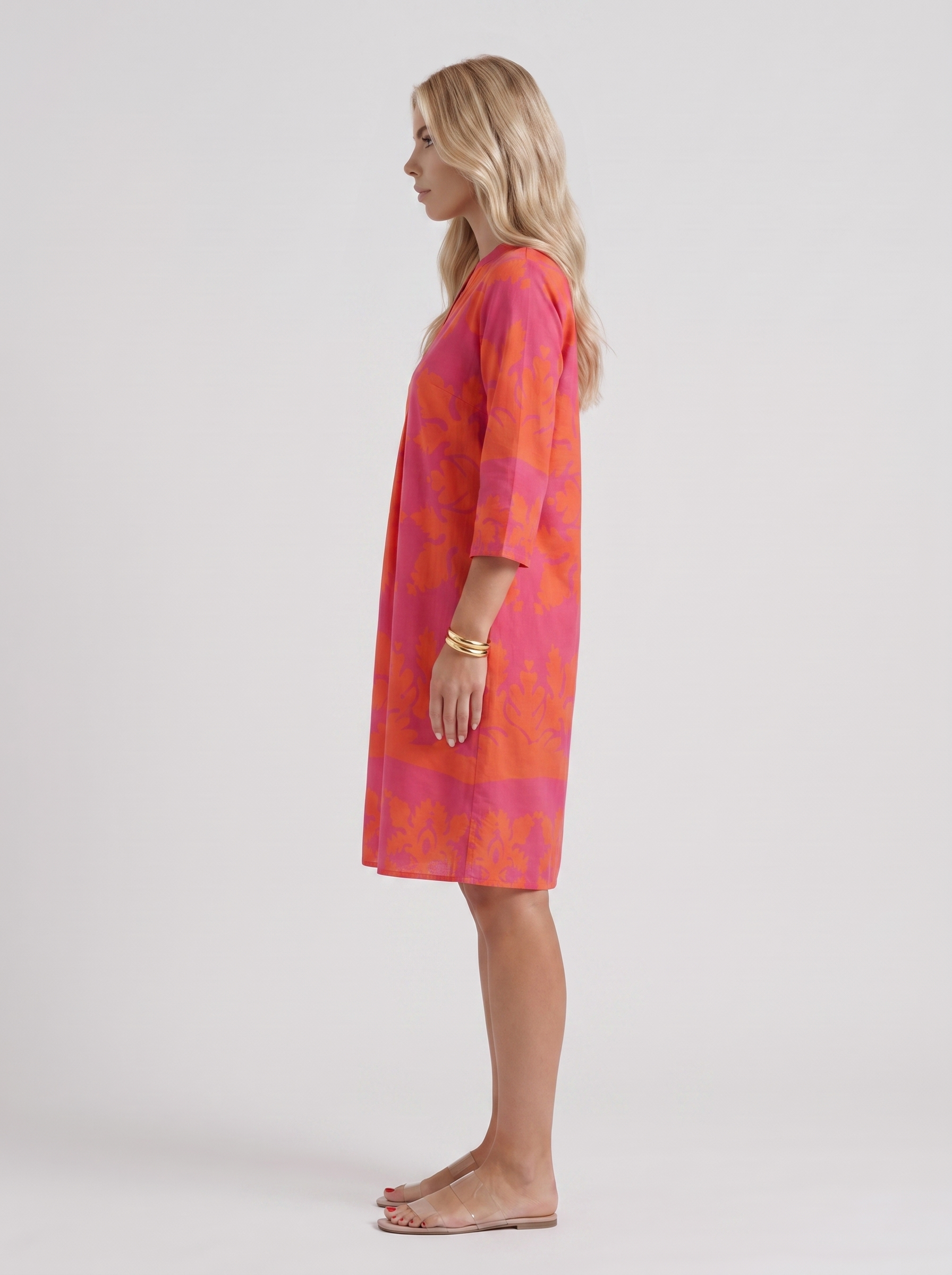 Women orange floral midi dress with v neckline and floral print