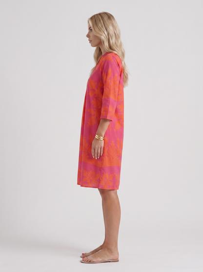 Women orange floral midi dress with v neckline and floral print