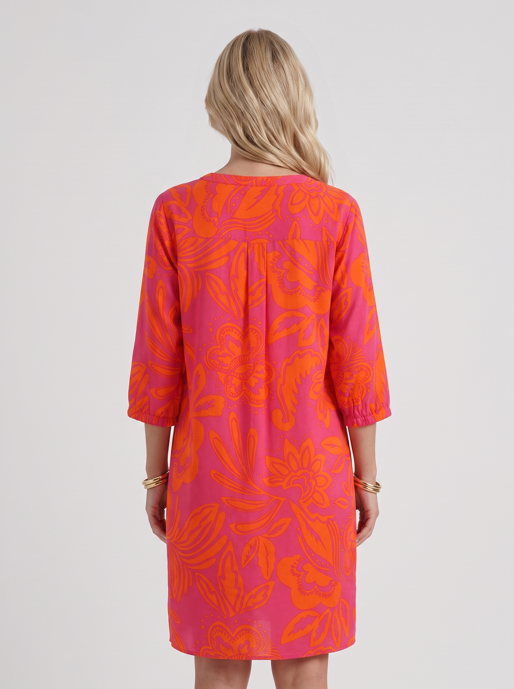 Women orange floral midi dress with v neckline and floral print