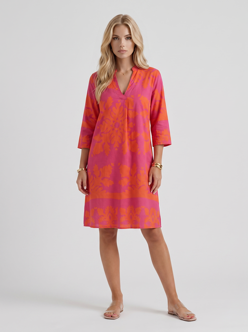 Women orange floral midi dress with v neckline and floral print