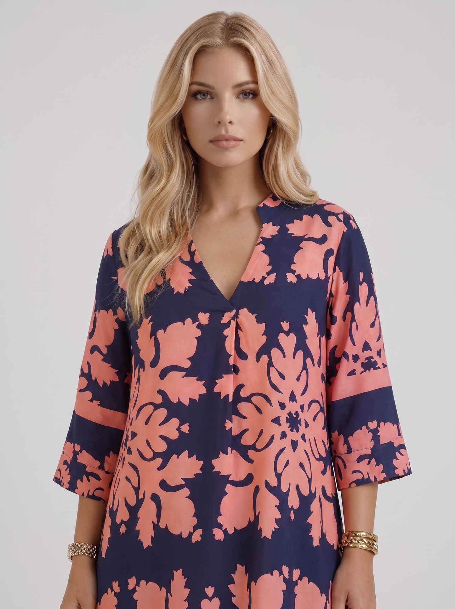 Women pink floral midi dress with v neckline and floral print