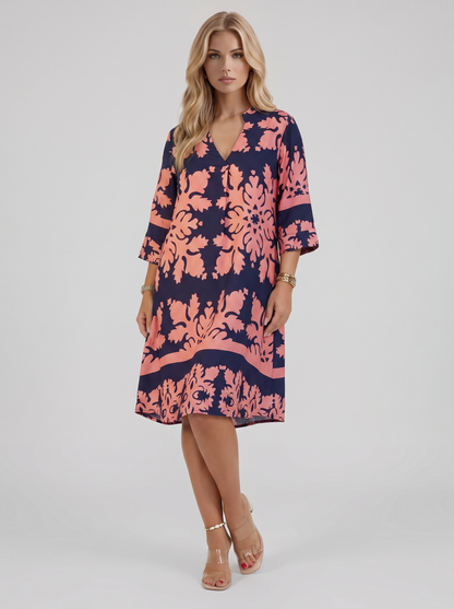 Women pink floral midi dress with v neckline and floral print