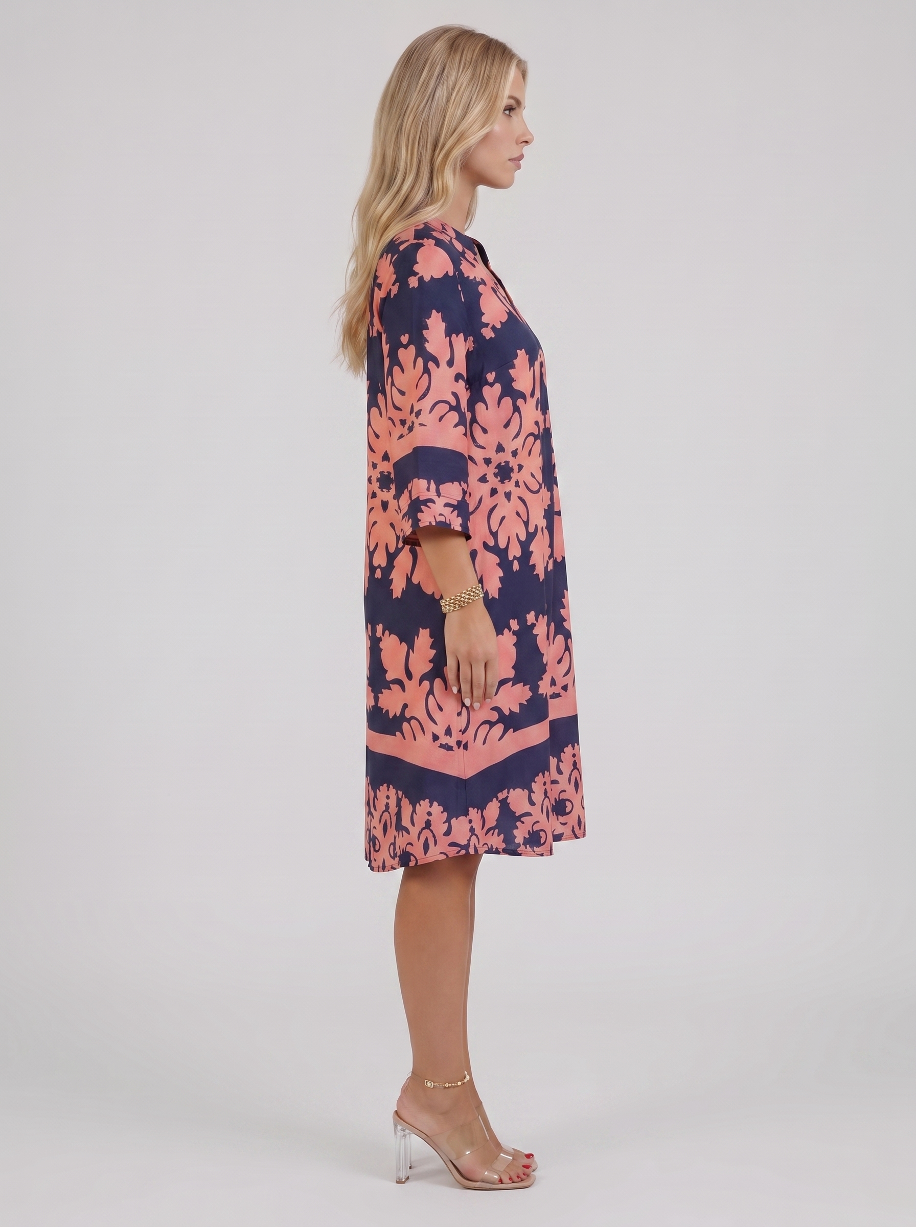 Women pink floral midi dress with v neckline and floral print