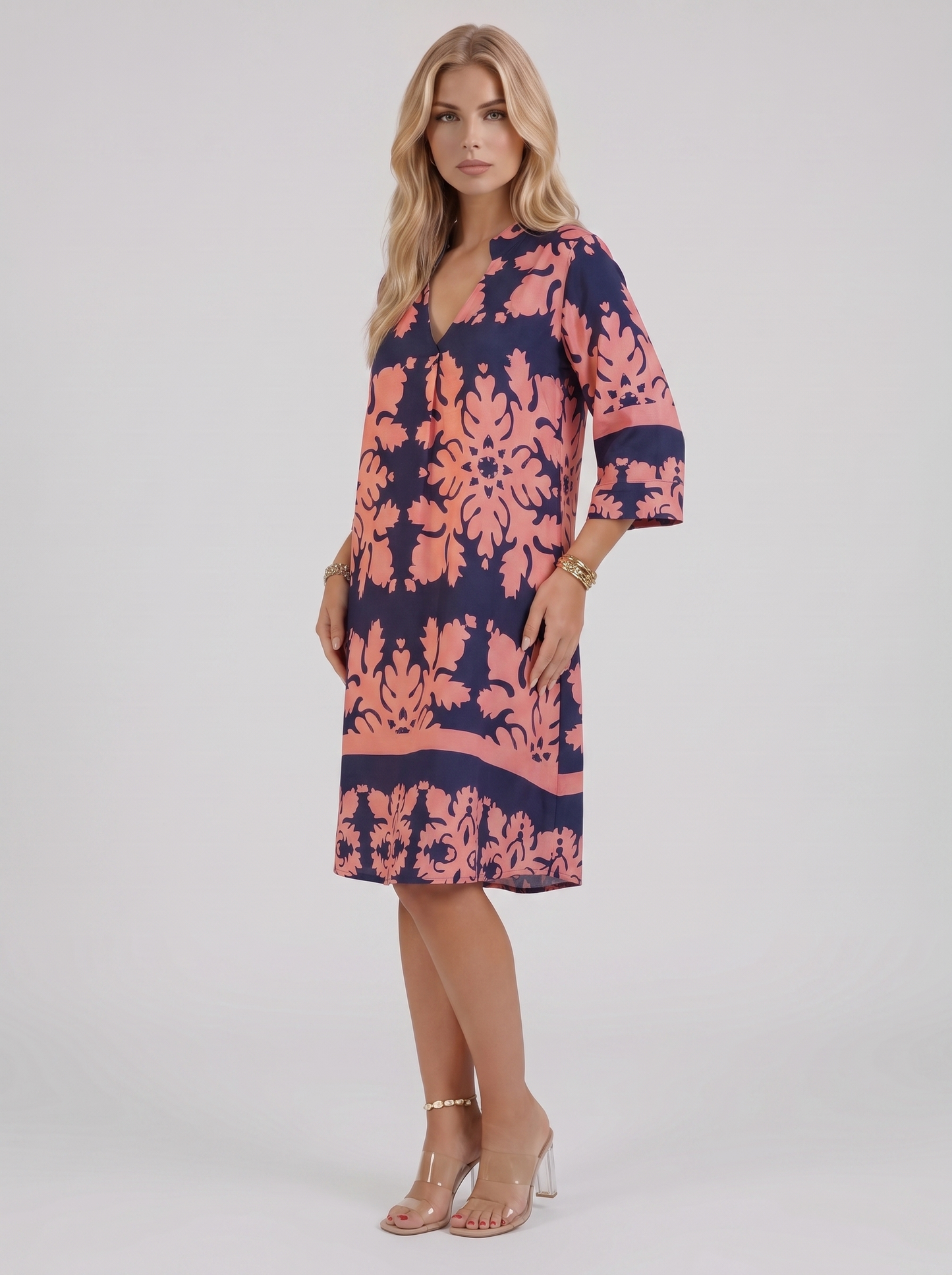 Women pink floral midi dress with v neckline and floral print