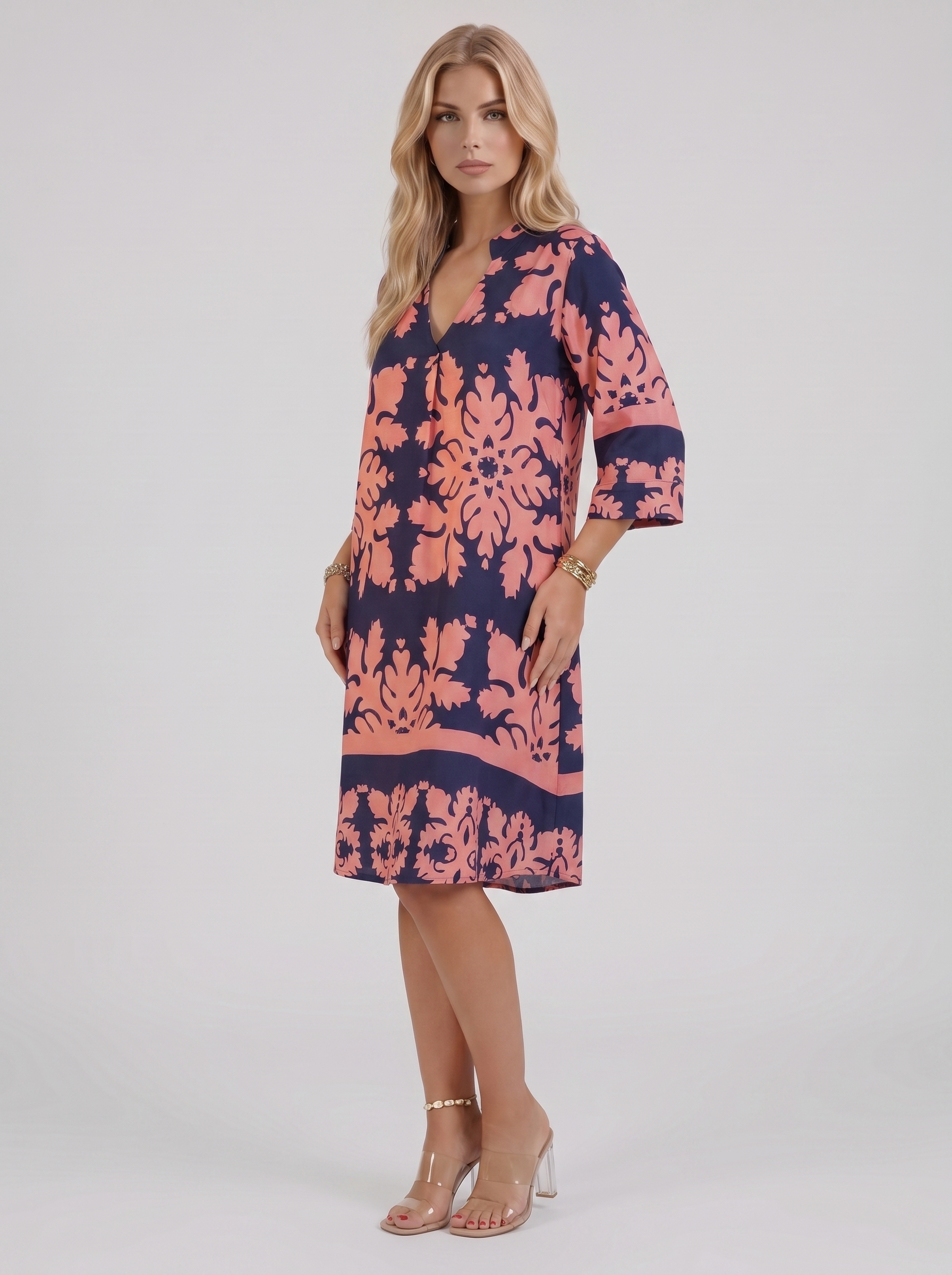 Women pink floral midi dress with v neckline and floral print