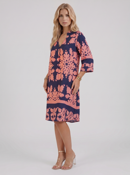 Women pink floral midi dress with v neckline and floral print
