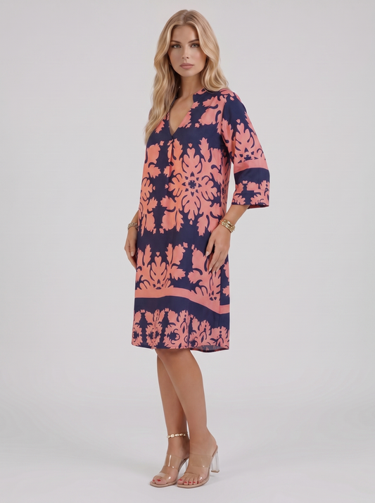Women pink floral midi dress with v neckline and floral print