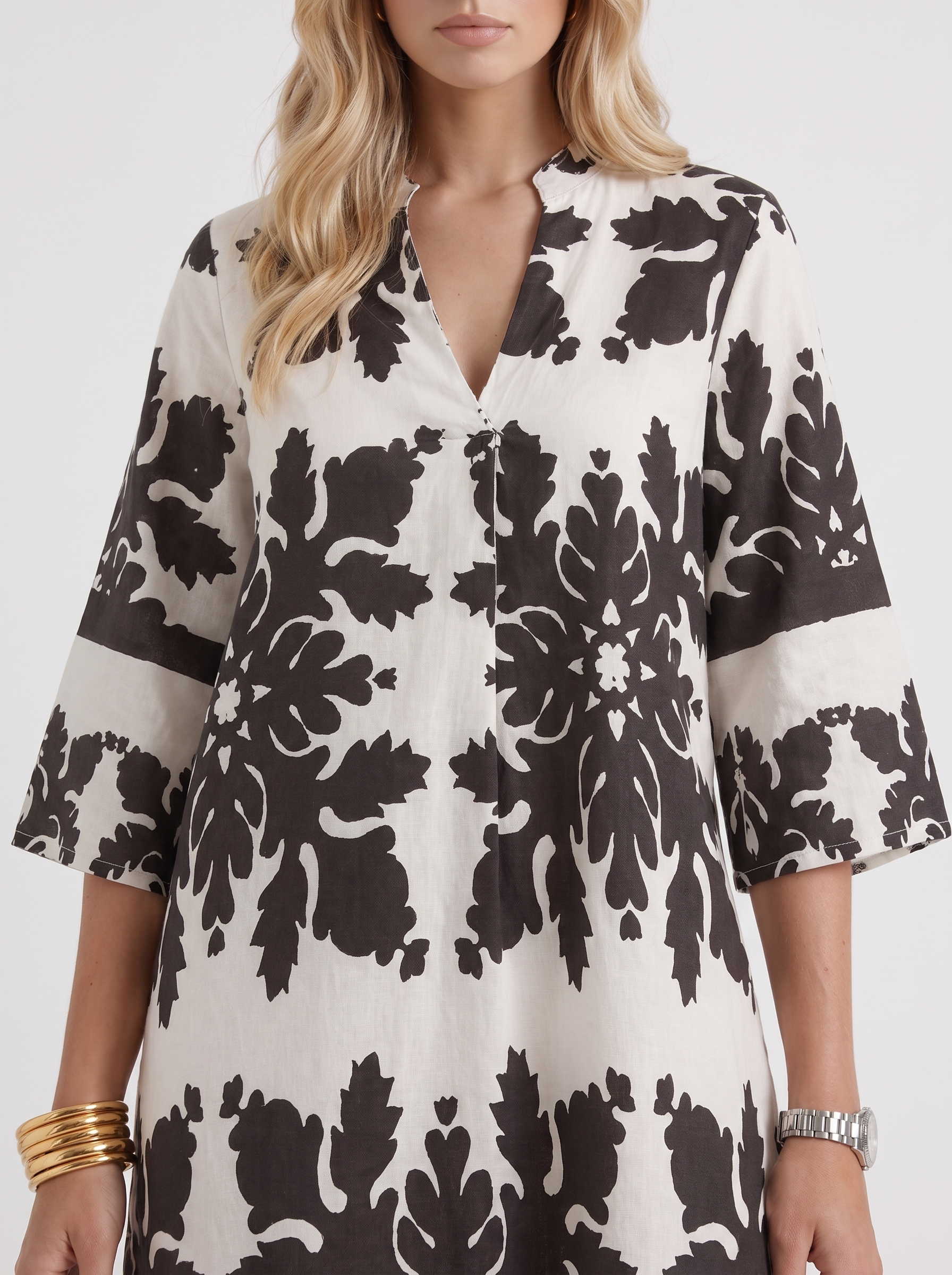 Women white floral midi dress with v neckline and floral print