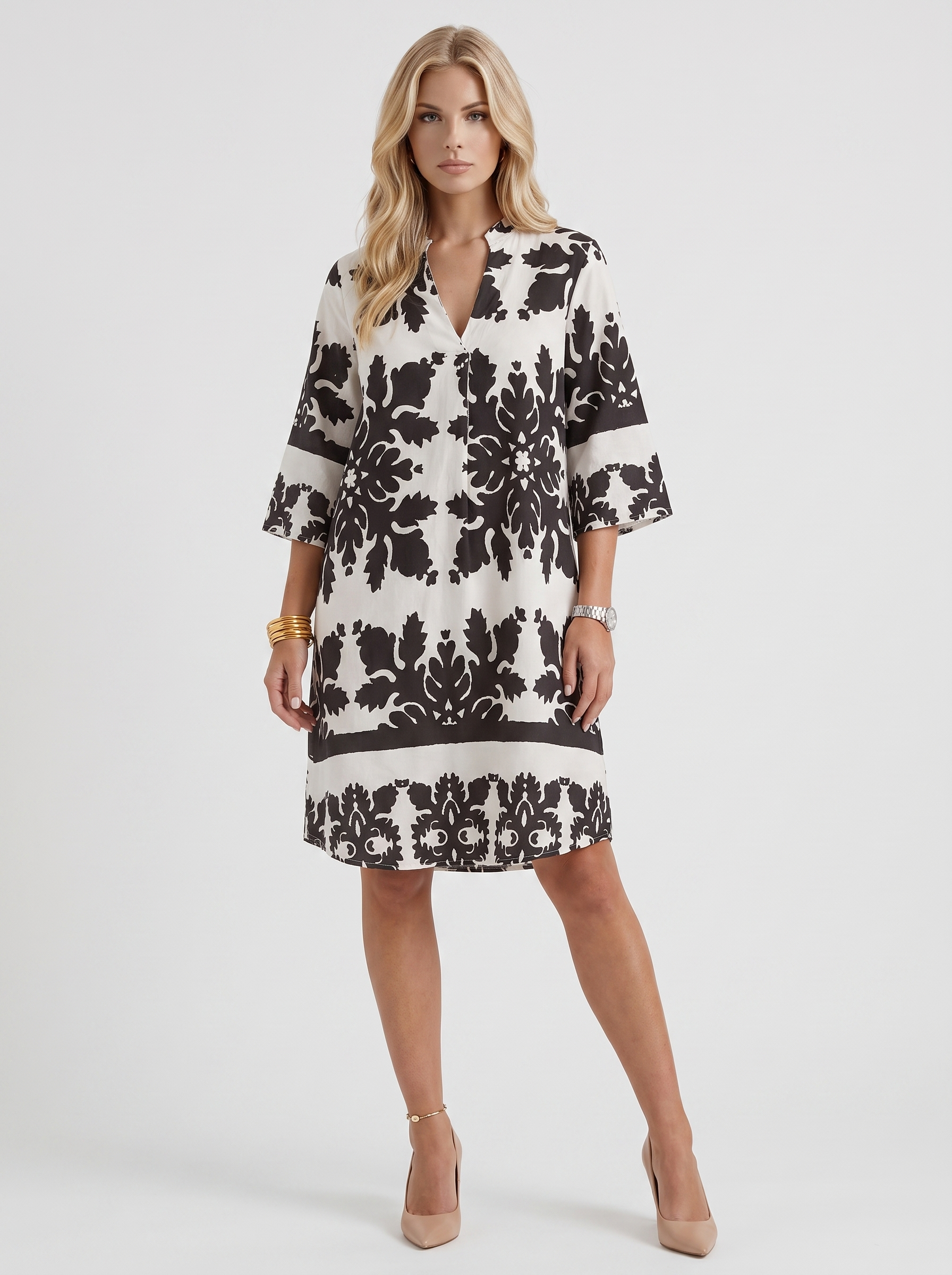 Women white floral midi dress with v neckline and floral print