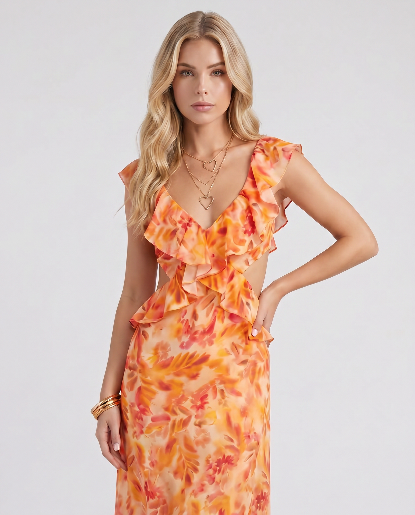 Women orange floral V neck ruffle chiffon maxi dress with ruffle trim bodice, front cropped view