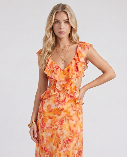 Women orange floral V neck ruffle chiffon maxi dress with ruffle trim bodice, front cropped view