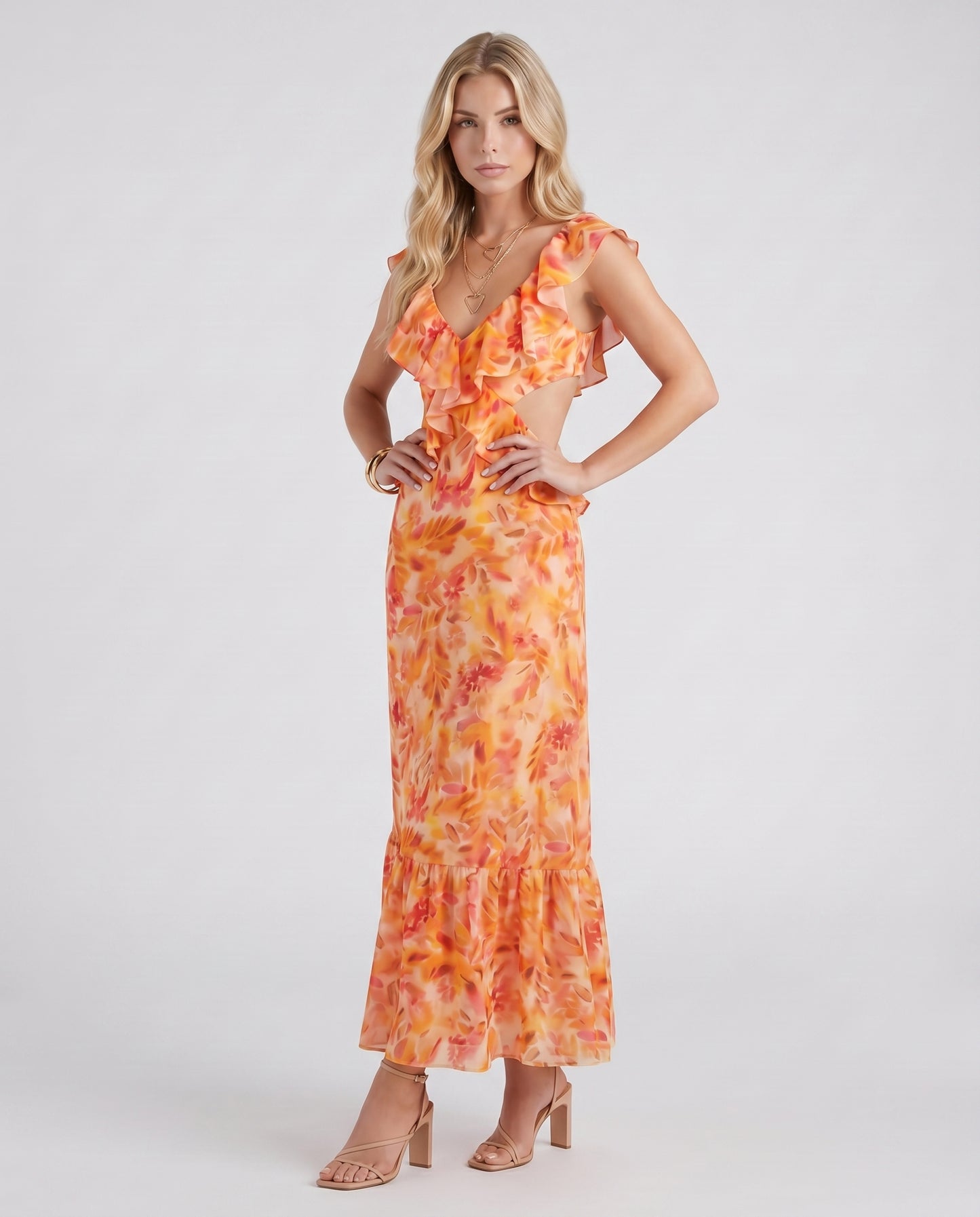 Women orange floral V neck ruffle chiffon maxi dress with flowy skirt, 45 degree angle