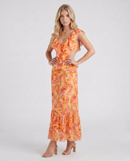 Women orange floral V neck ruffle chiffon maxi dress with flowy skirt, 45 degree angle