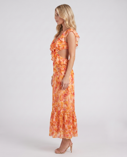 Women orange floral V neck ruffle chiffon maxi dress with ruffle hem, side profile