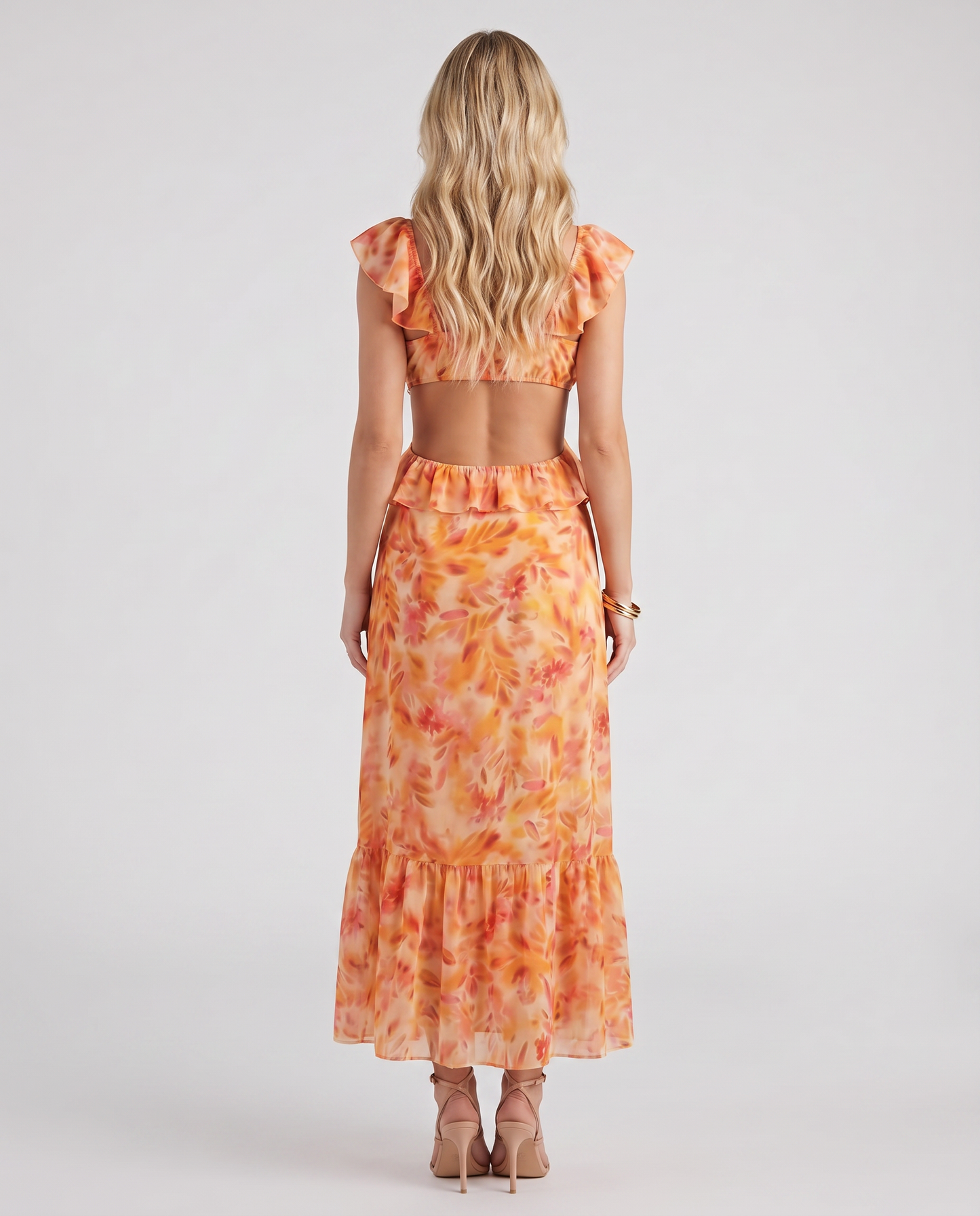 Women orange floral V neck ruffle chiffon maxi dress with open back and spaghetti straps, back view