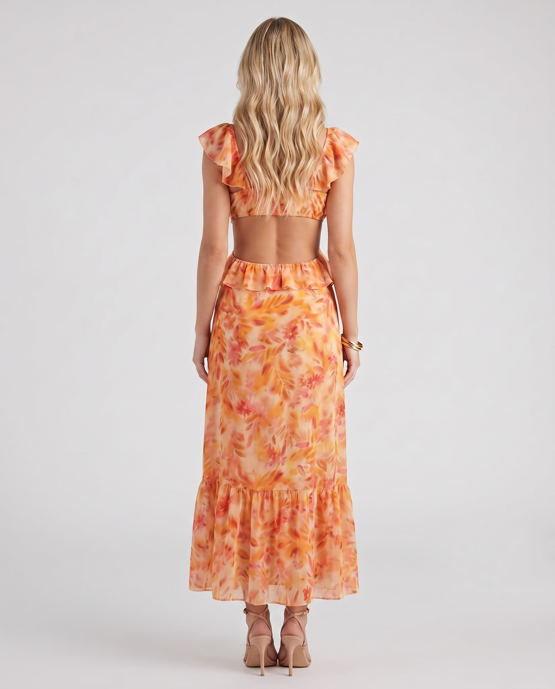 Women orange floral V neck ruffle chiffon maxi dress with open back and spaghetti straps, back view
