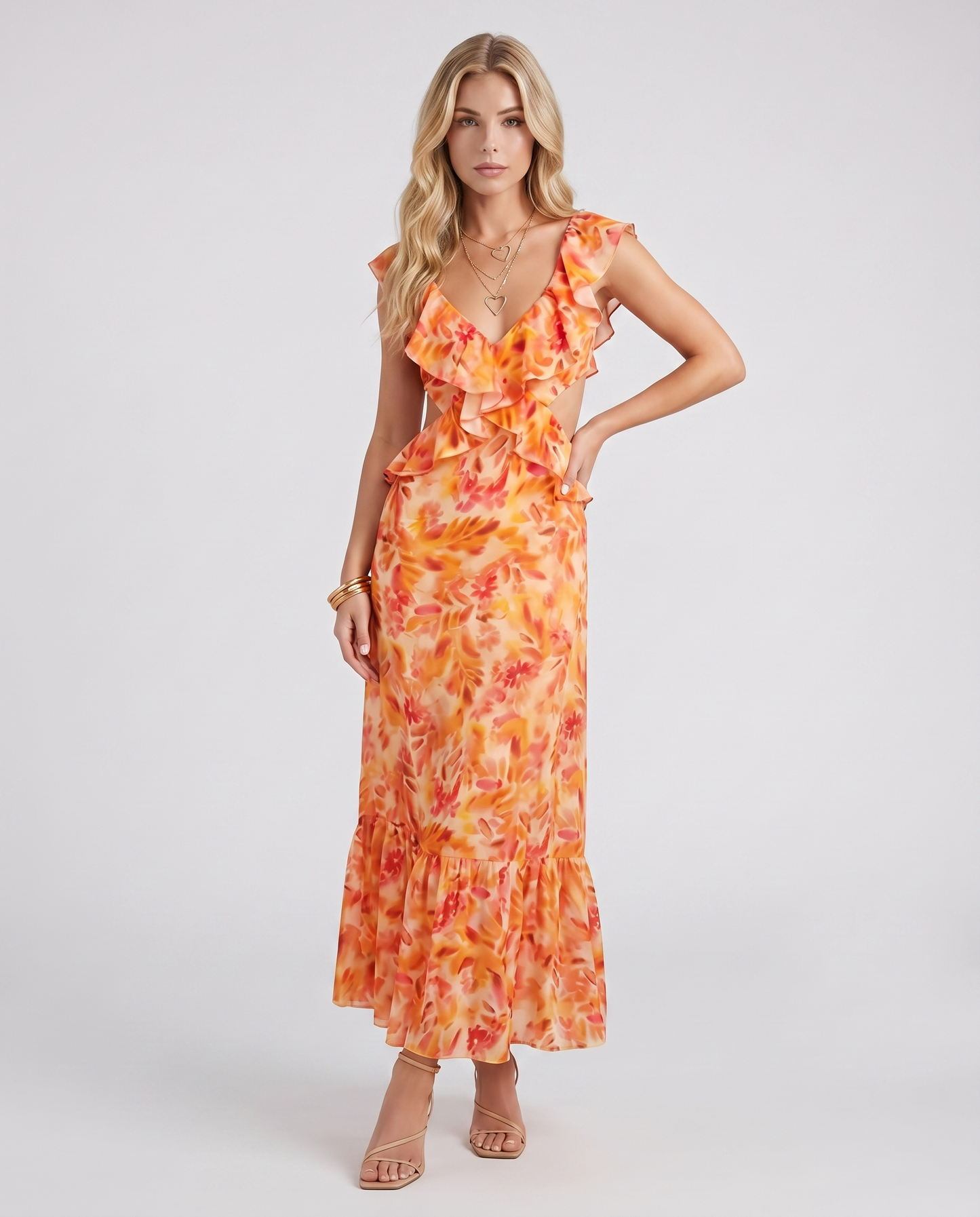 Women orange floral V neck ruffle chiffon maxi dress with spaghetti straps and ruffle hem, front view
