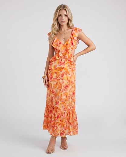 Women orange floral V neck ruffle chiffon maxi dress with spaghetti straps and ruffle hem, front view