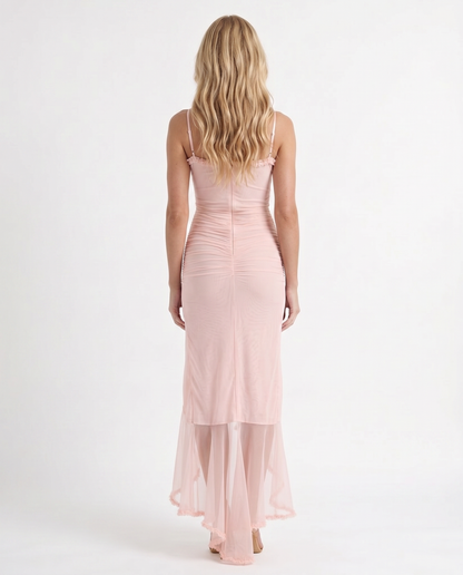 Women pink cutout maxi dress with open back and hi lo skirt, back view