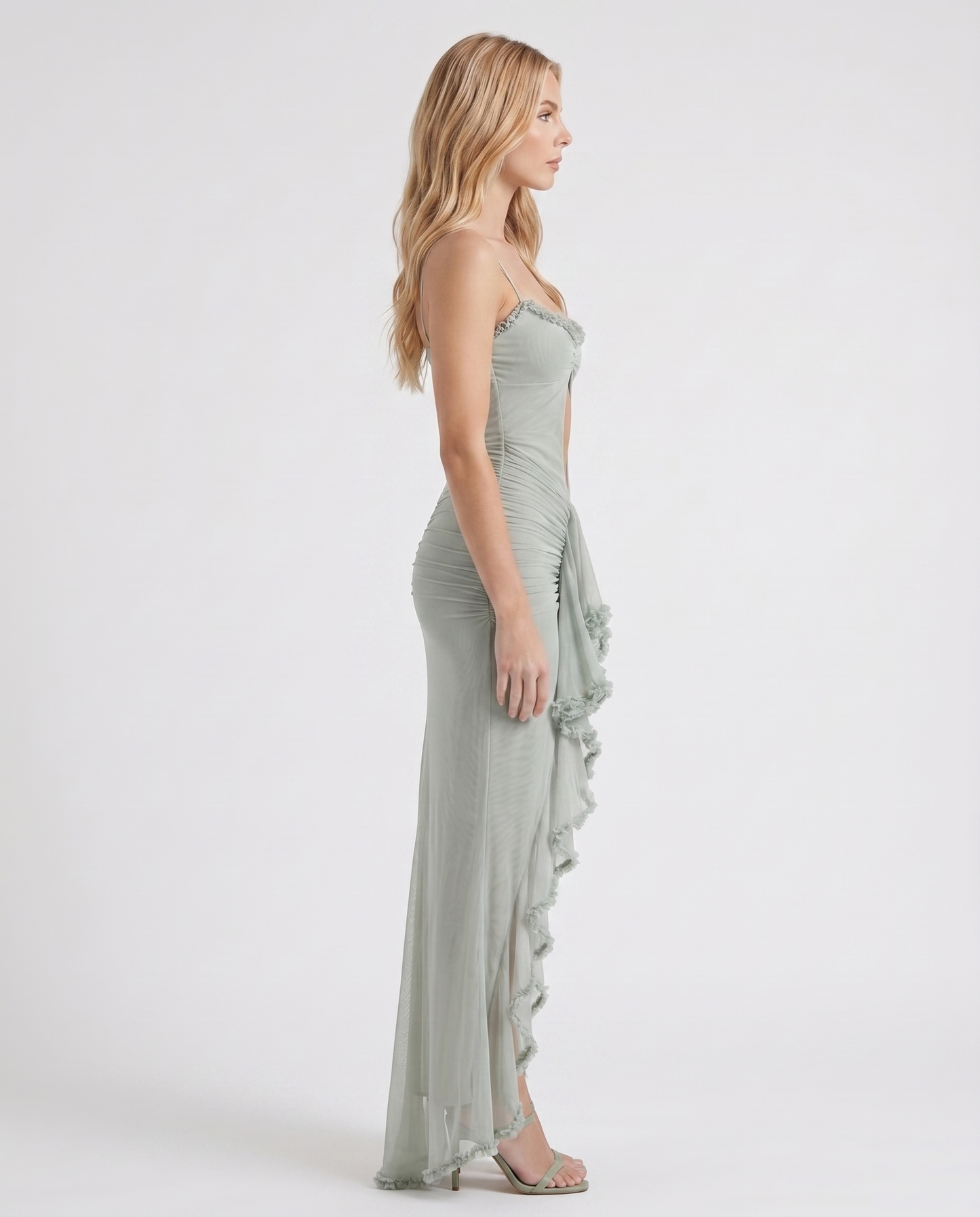 Women pistachio cutout maxi dress with ruched body and ruffle skirt, side profile
