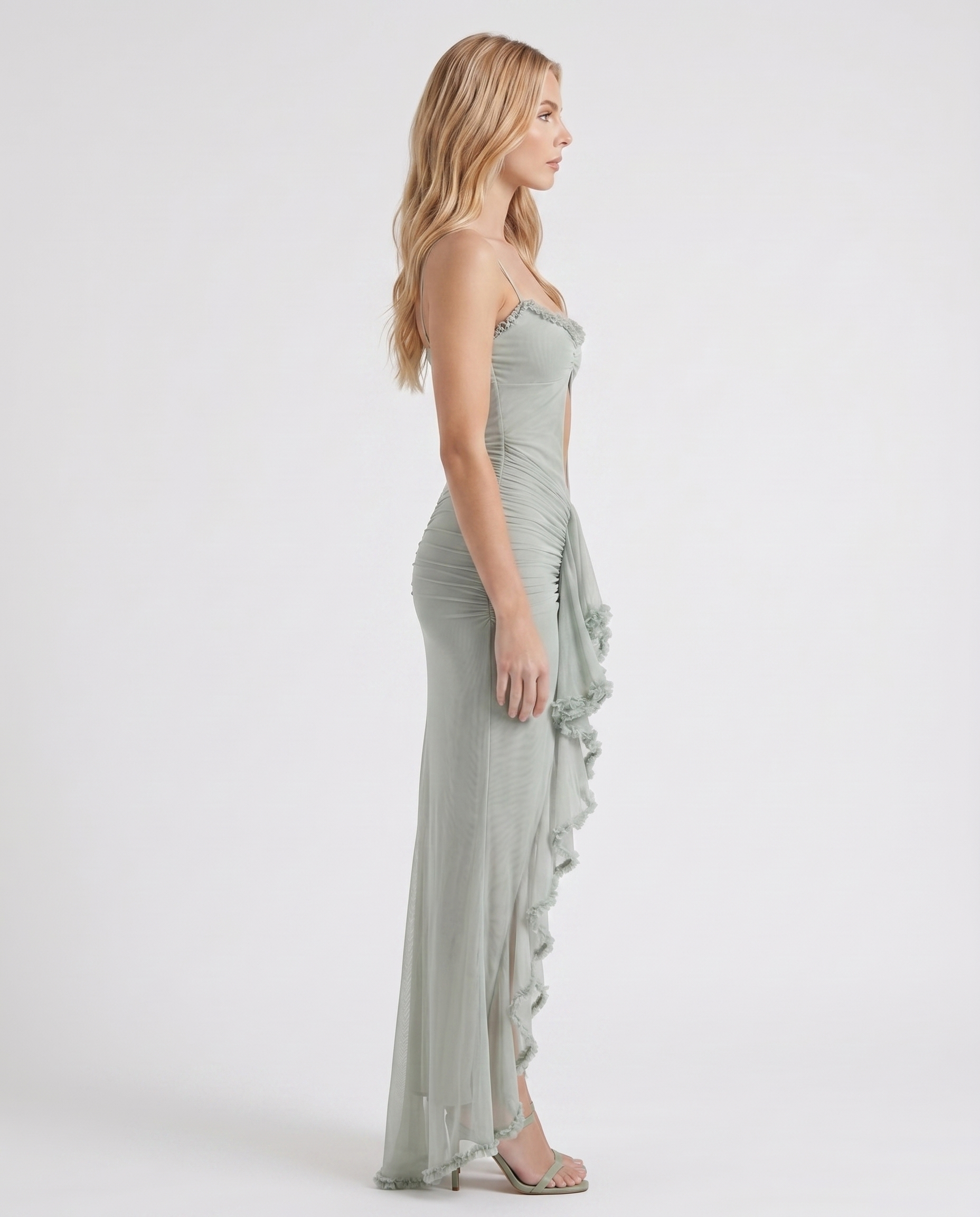 Women pistachio cutout maxi dress with ruched body and ruffle skirt, side profile