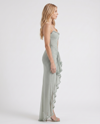 Women pistachio cutout maxi dress with ruched body and ruffle skirt, side profile