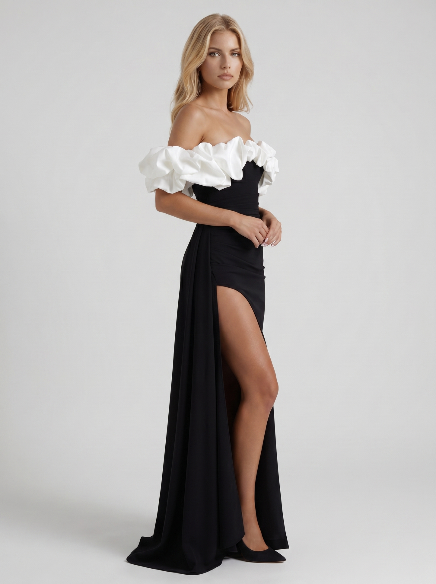 Women black white off shoulder ruffle bodycon maxi dress, 45 angle view