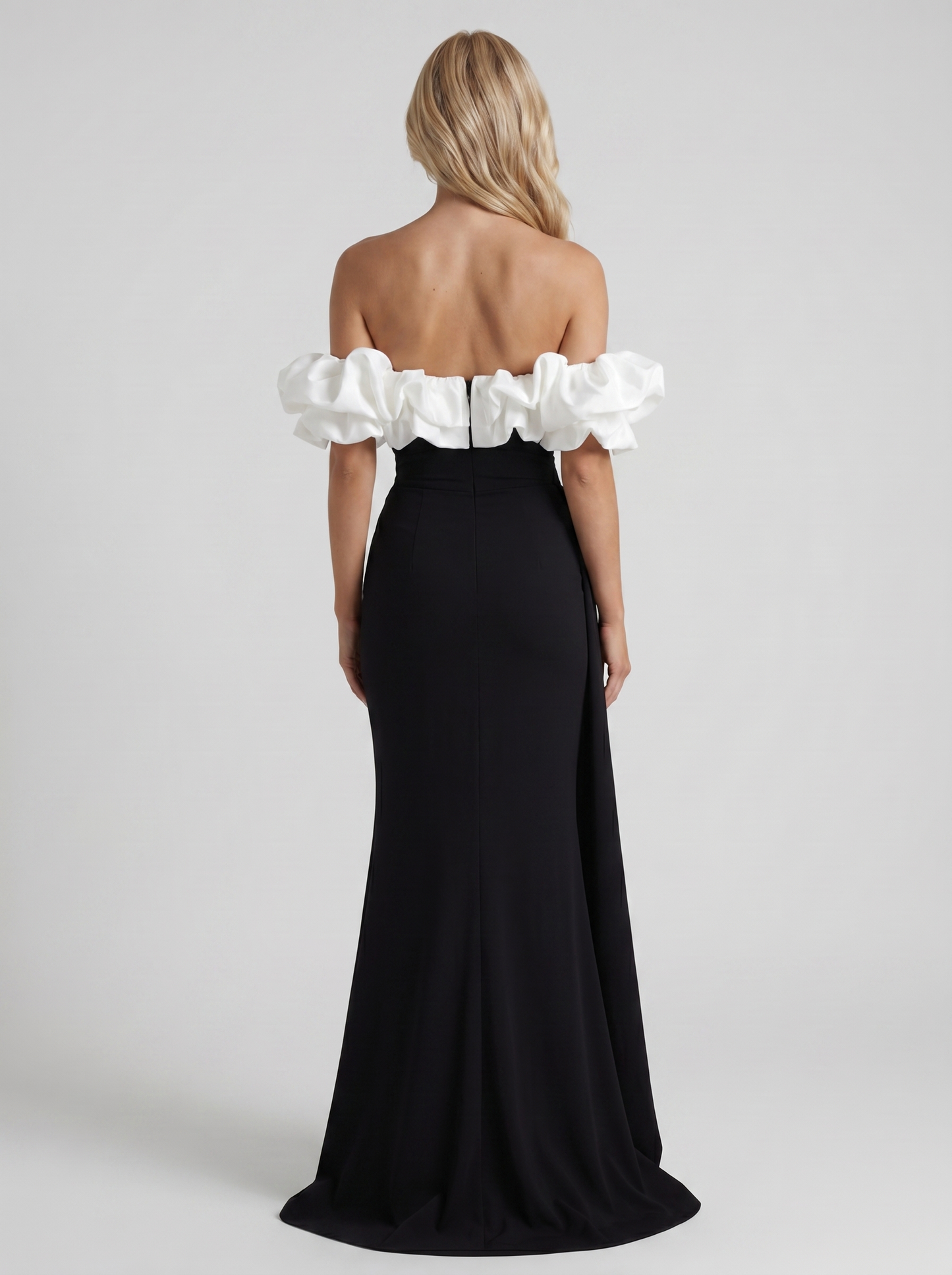 Women black white off shoulder ruffle bodycon maxi dress, back view