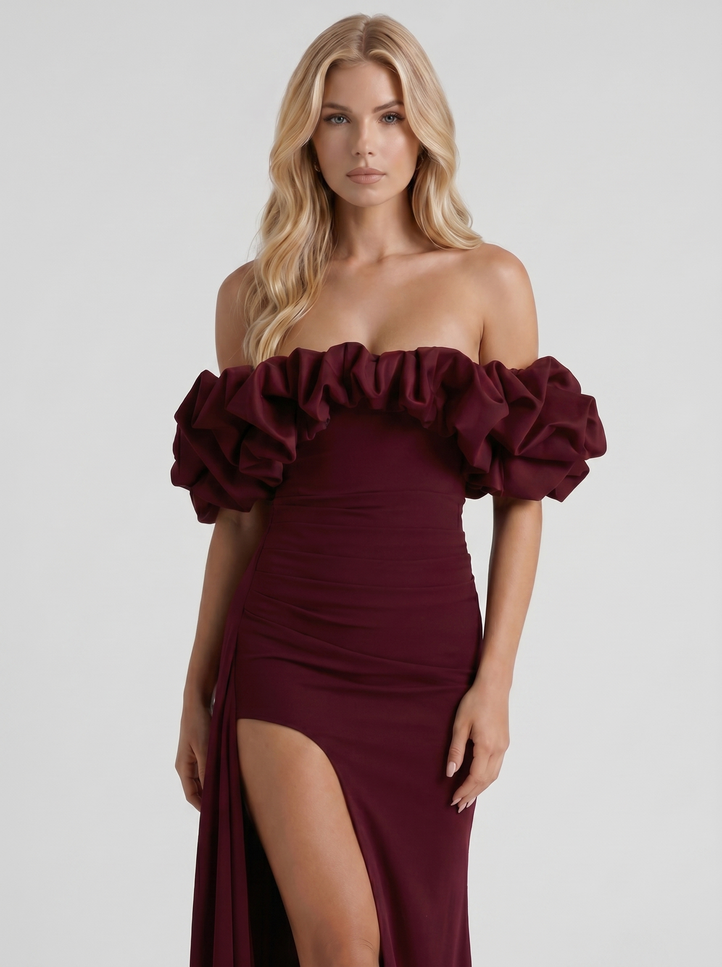 Women cherry red off shoulder ruffle bodycon maxi dress, front cropped view