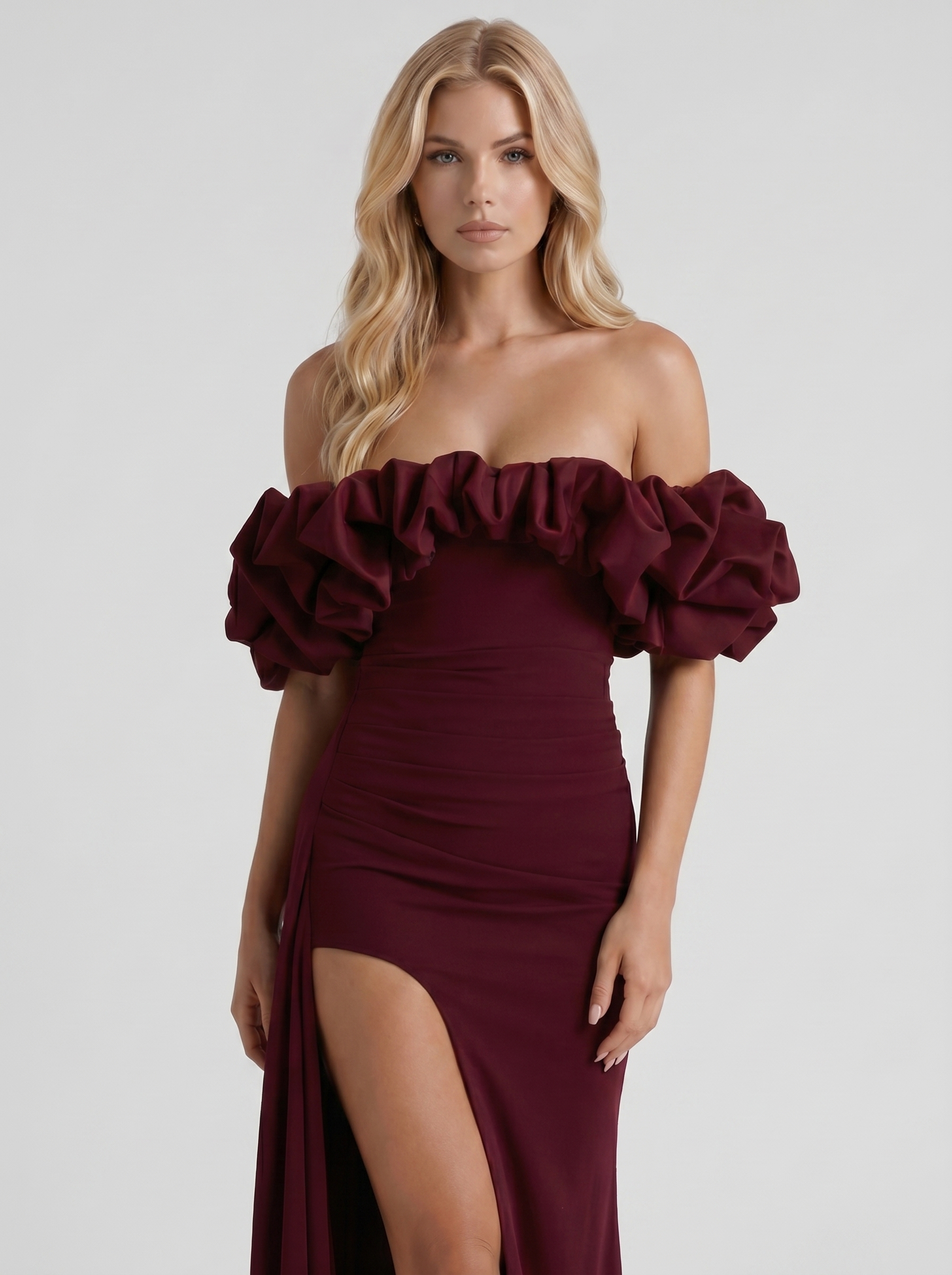 Women cherry red off shoulder ruffle bodycon maxi dress, front cropped view