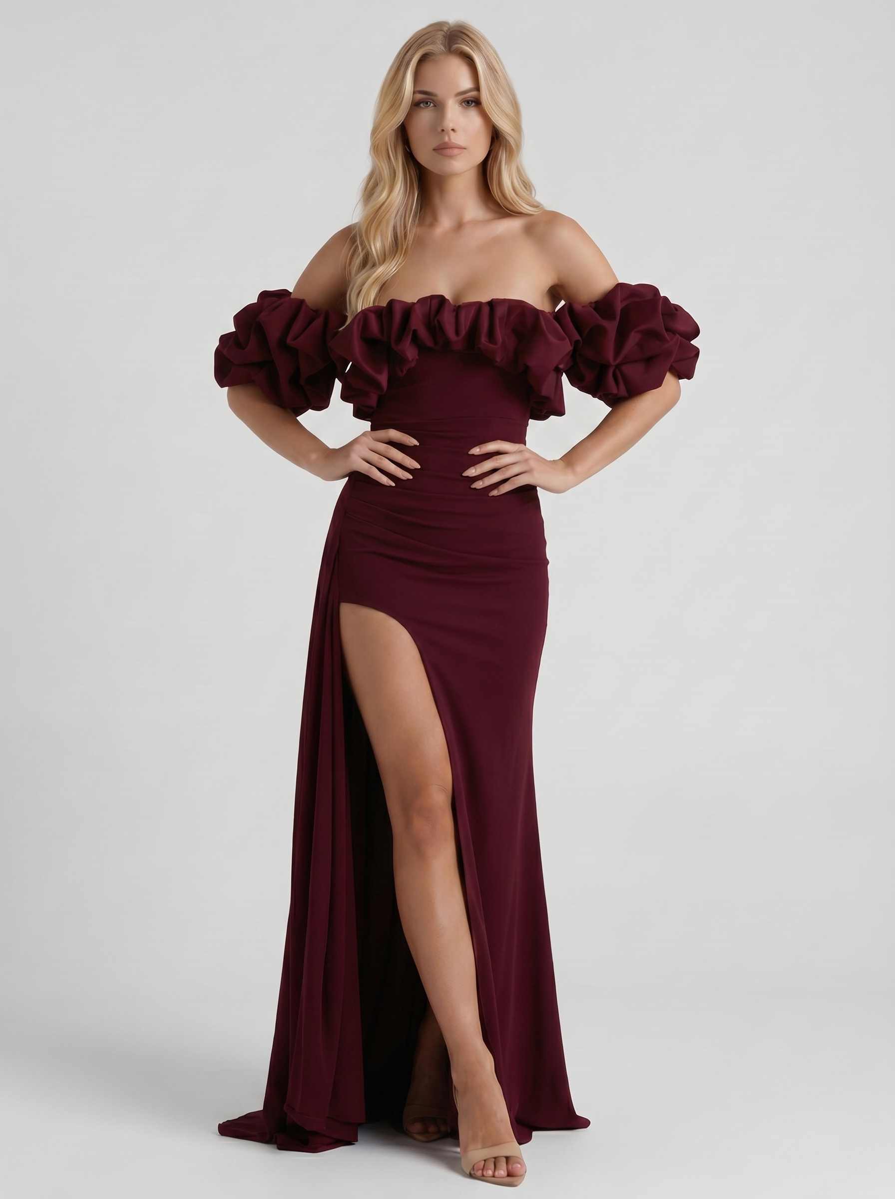 Women cherry red off shoulder ruffle bodycon maxi dress, 45 angle view