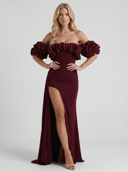 Women cherry red off shoulder ruffle bodycon maxi dress, 45 angle view