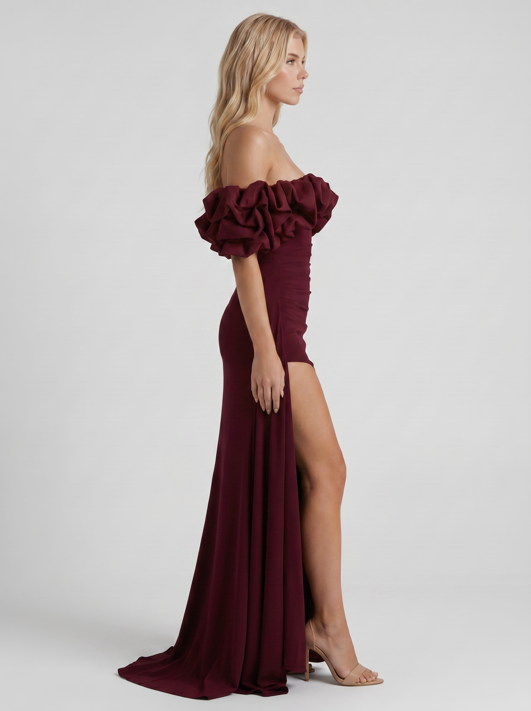 Women cherry red off shoulder ruffle bodycon maxi dress, side profile view