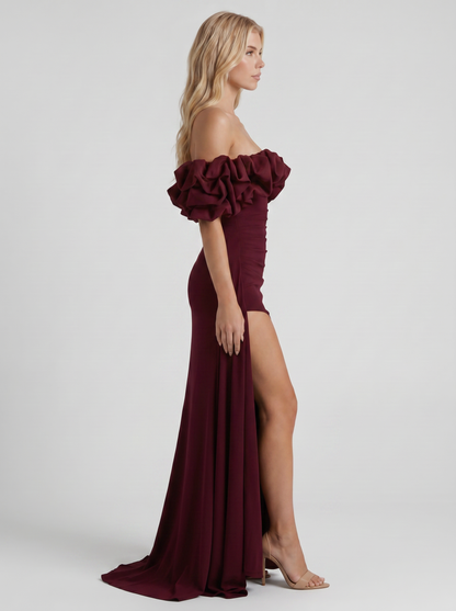 Women cherry red off shoulder ruffle bodycon maxi dress, side profile view