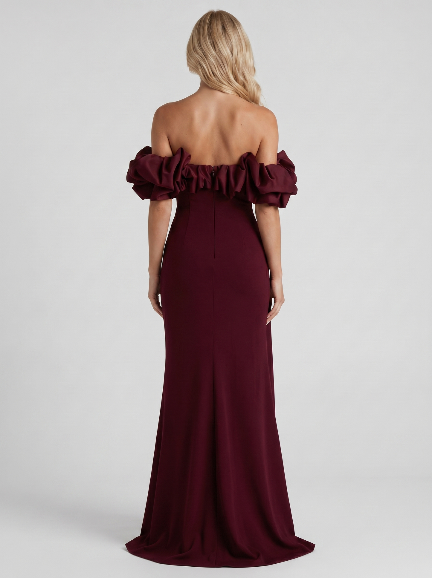 Women cherry red off shoulder ruffle bodycon maxi dress, back view