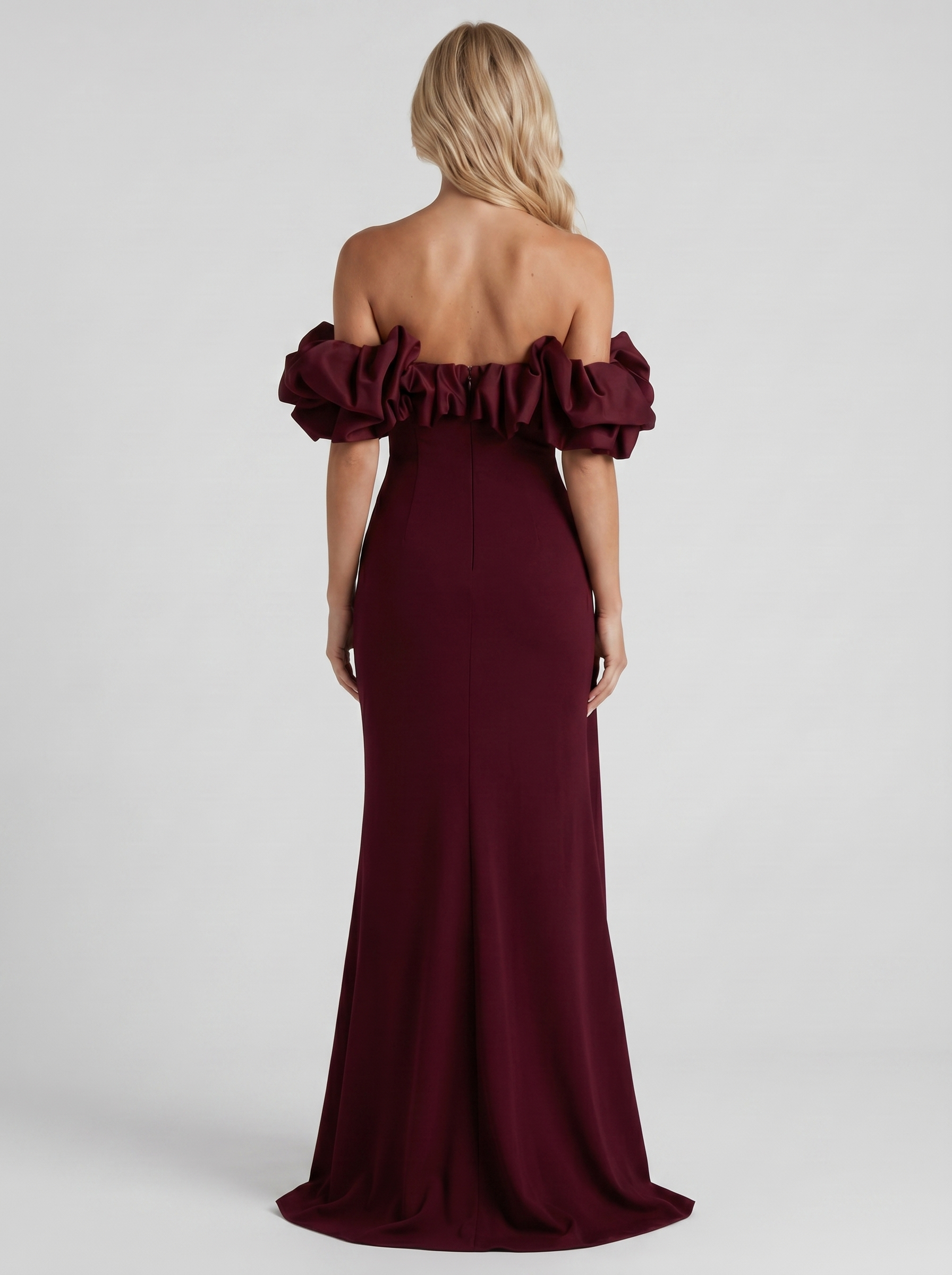 Women cherry red off shoulder ruffle bodycon maxi dress, back view