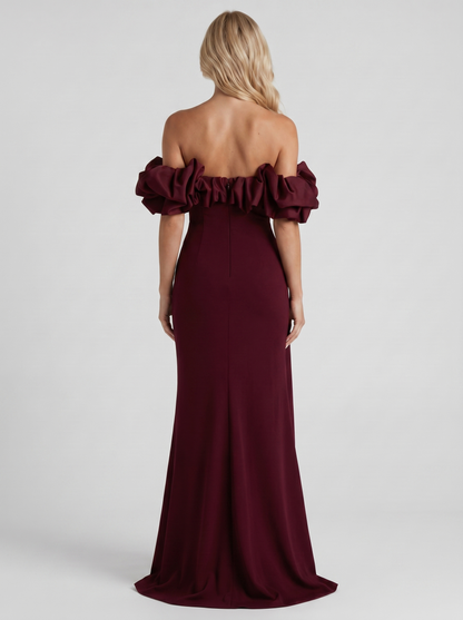 Women cherry red off shoulder ruffle bodycon maxi dress, back view