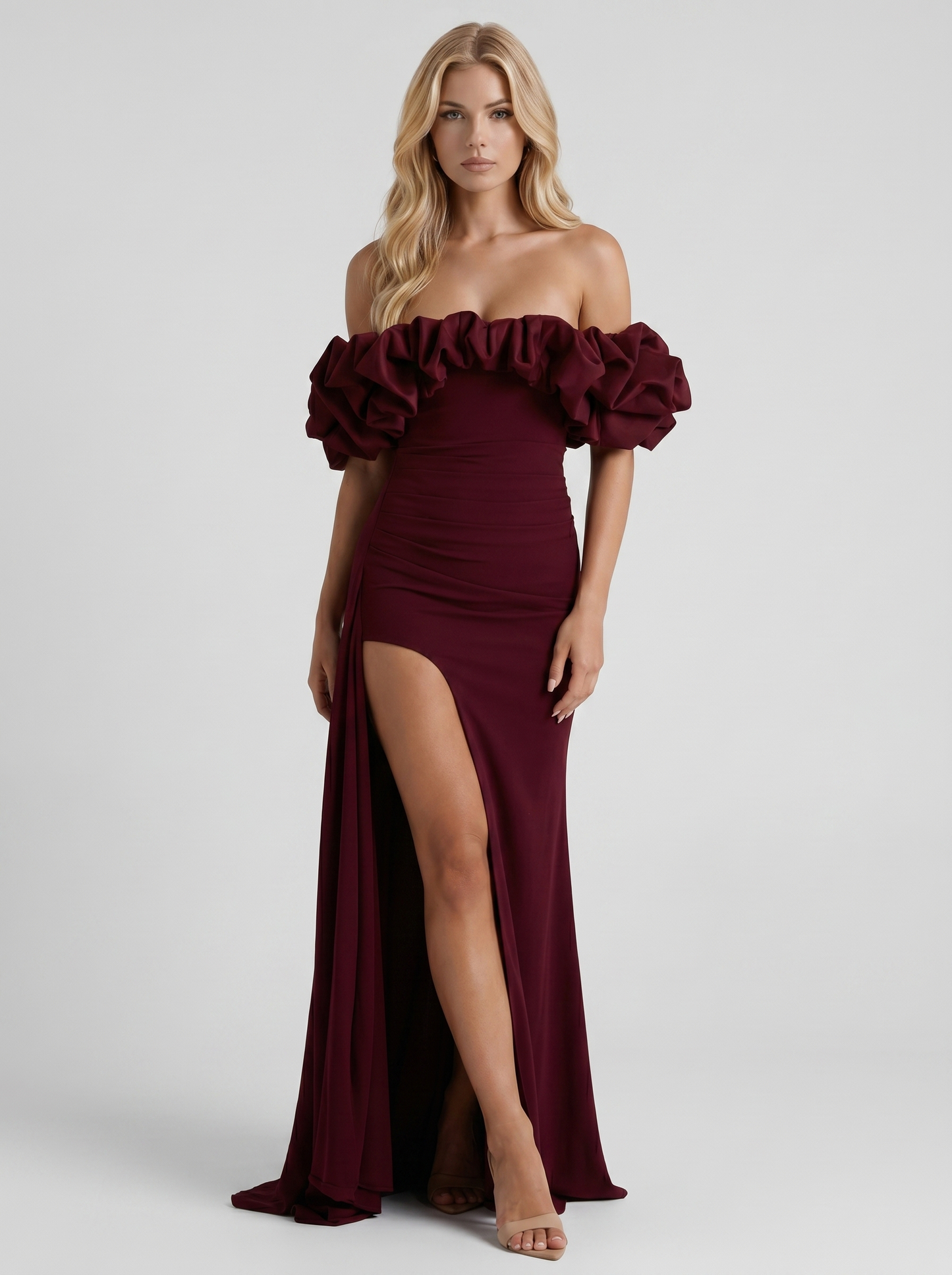 Women cherry red off shoulder ruffle bodycon maxi dress, front view