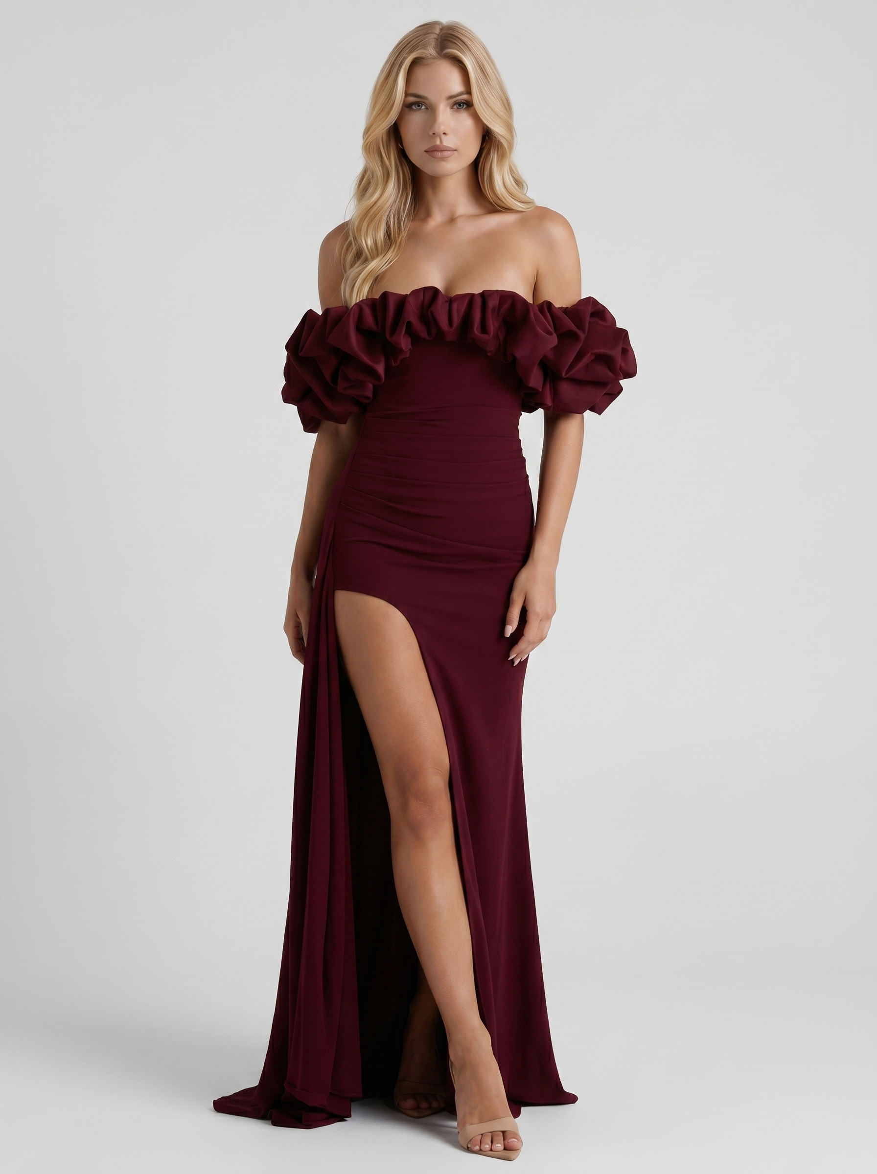 Women cherry red off shoulder ruffle bodycon maxi dress, front view