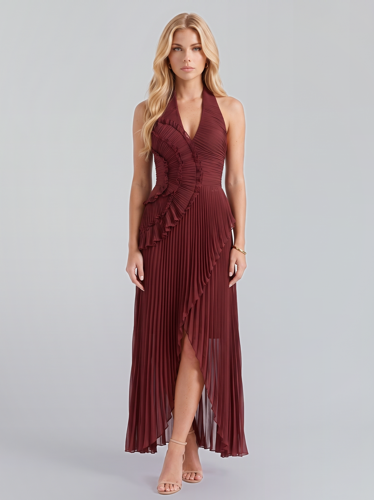 Mireille Pleated Maxi Dress - Wine Red