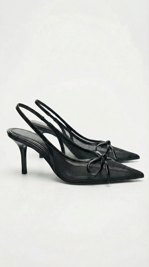 Women black heeled sandals with pointed toe and slingback strap