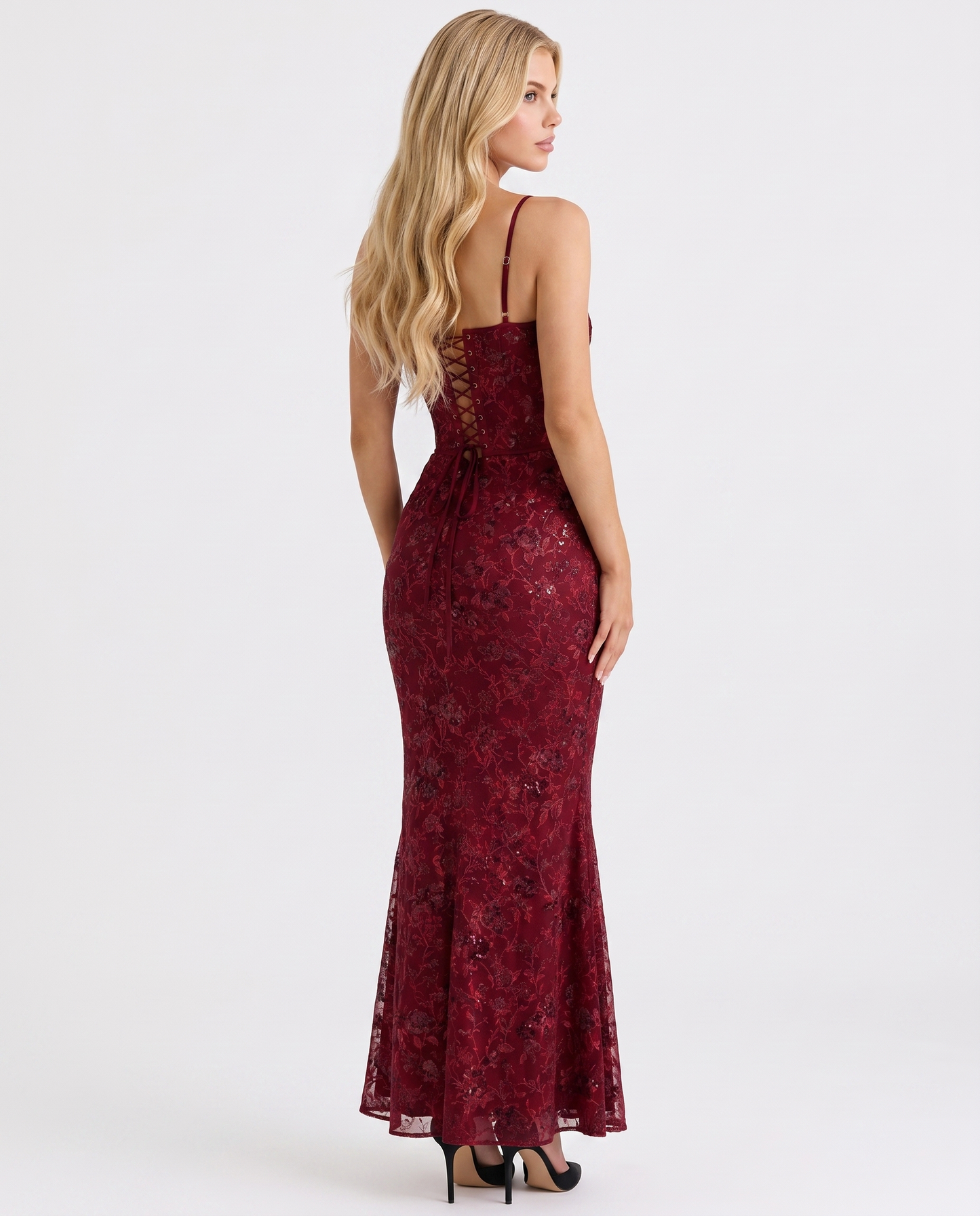 Women burgundy floral lace corset maxi dress with corset lace up back and mermaid hem, back view