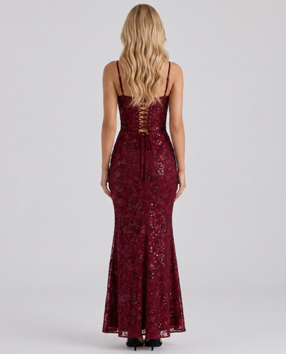 Women burgundy floral lace corset maxi dress with allover floral lace embroidery, side profile