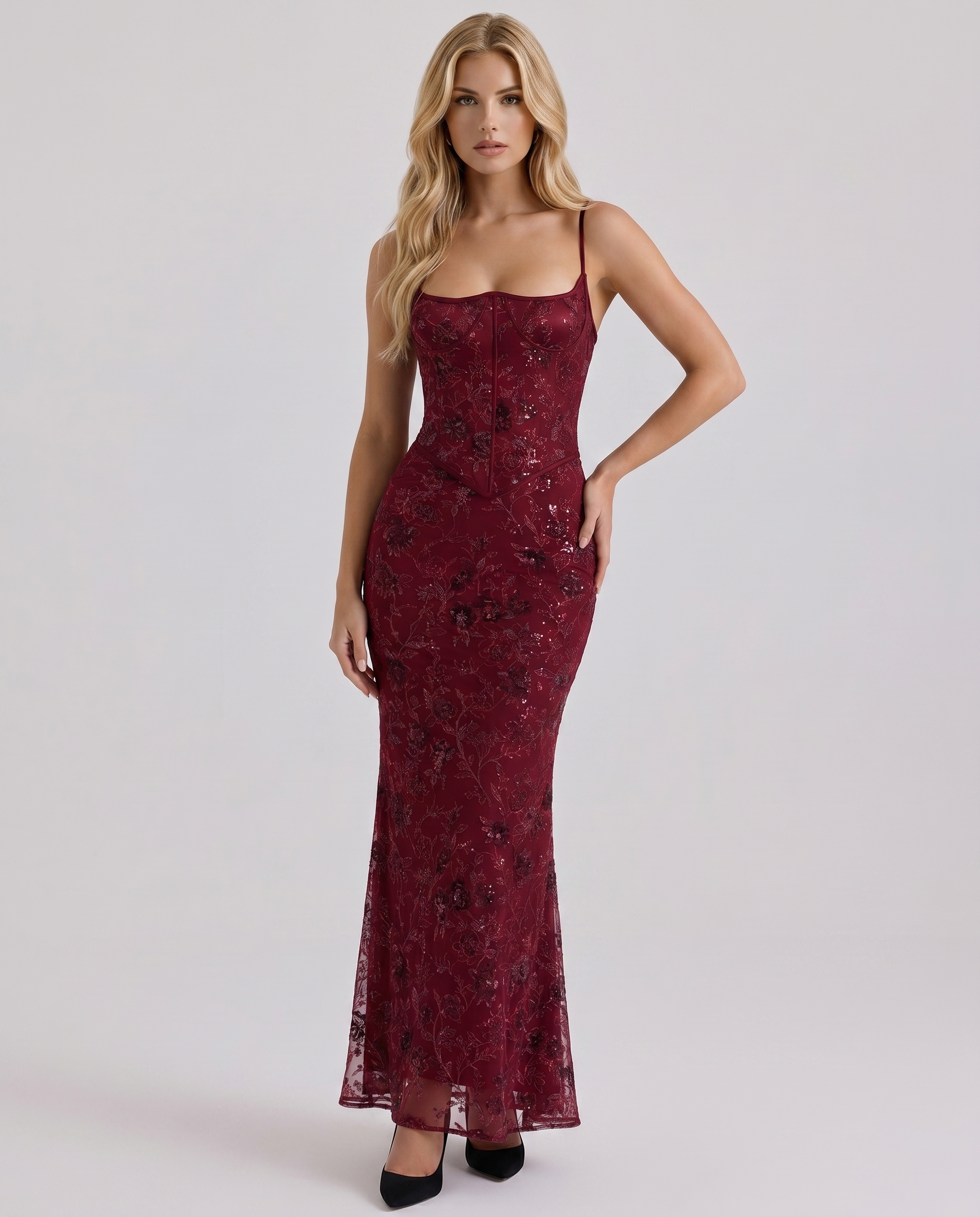 Women burgundy floral lace corset maxi dress with sweetheart neckline and mermaid hem, front view