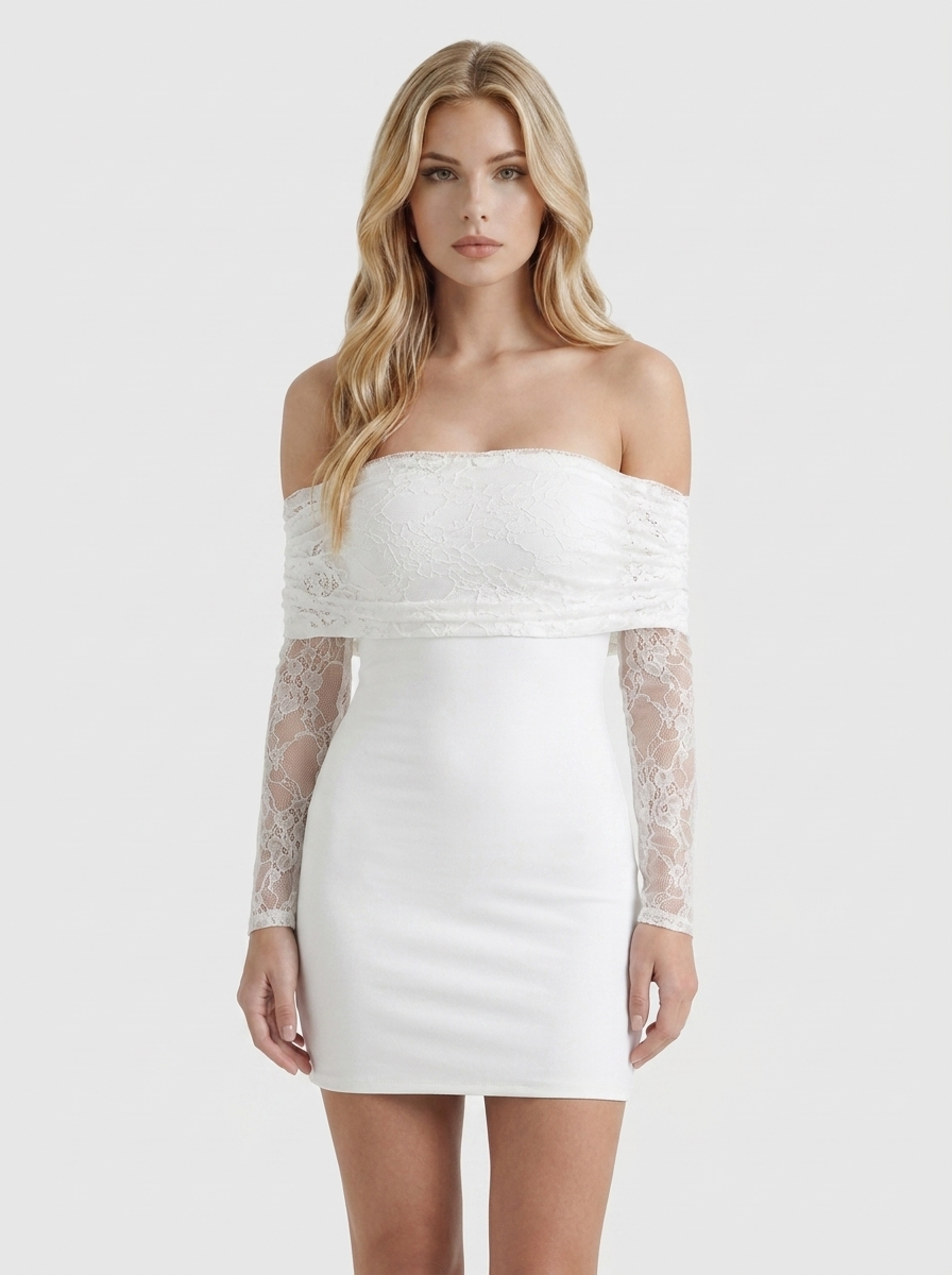 Nancy Off Shoulder Lace Sleeve Bodycon Mini Dress - White - XL - Fashion