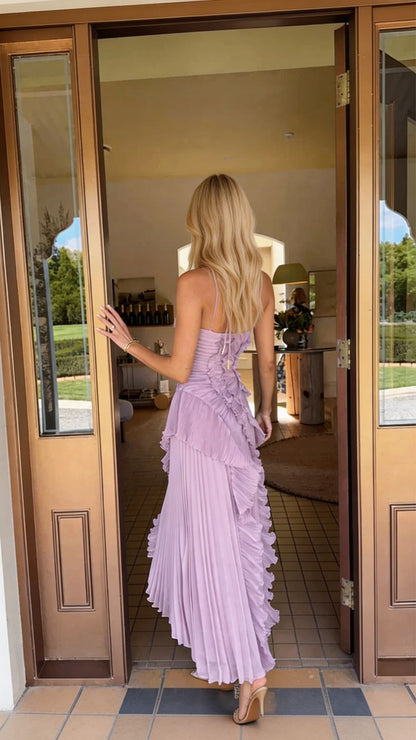 light purple ruffle dress What A Vision Lavender Ruffled Dress, Large - The Mint Julep Boutique shoulder neckline adds a romantic touch Clear Skies Pintuck Pleat Wide