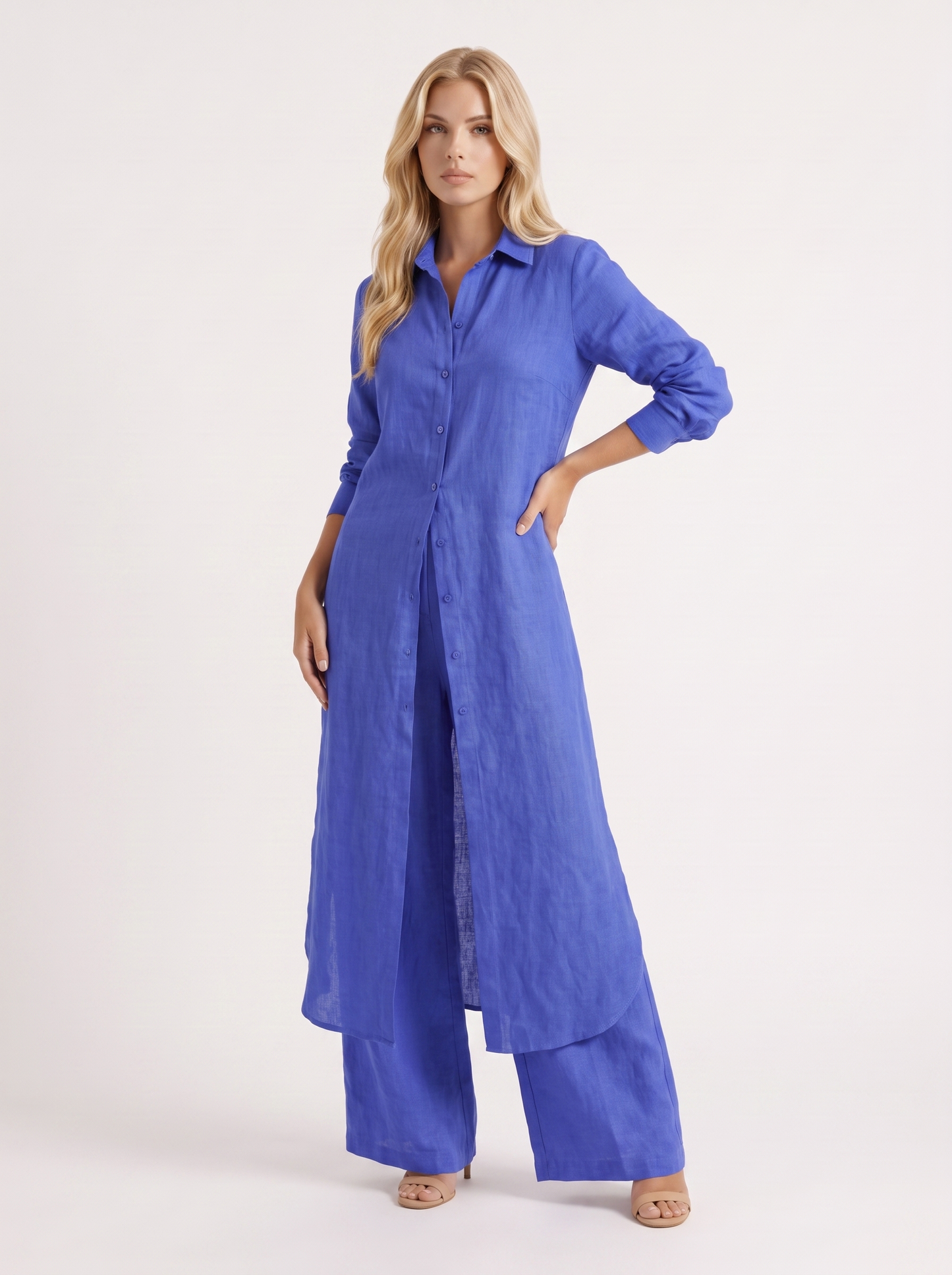 Women blue pants set with long collared shirt and button front