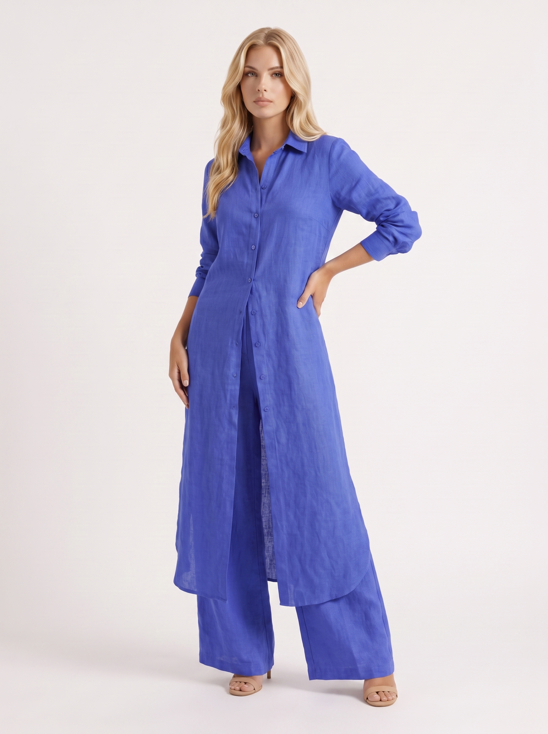 Women blue pants set with long collared shirt and button front