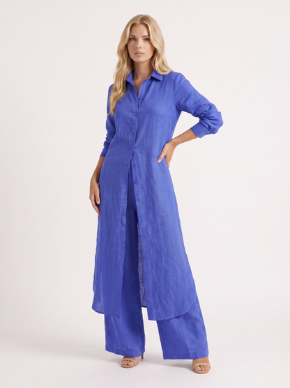 Women blue pants set with long collared shirt and button front