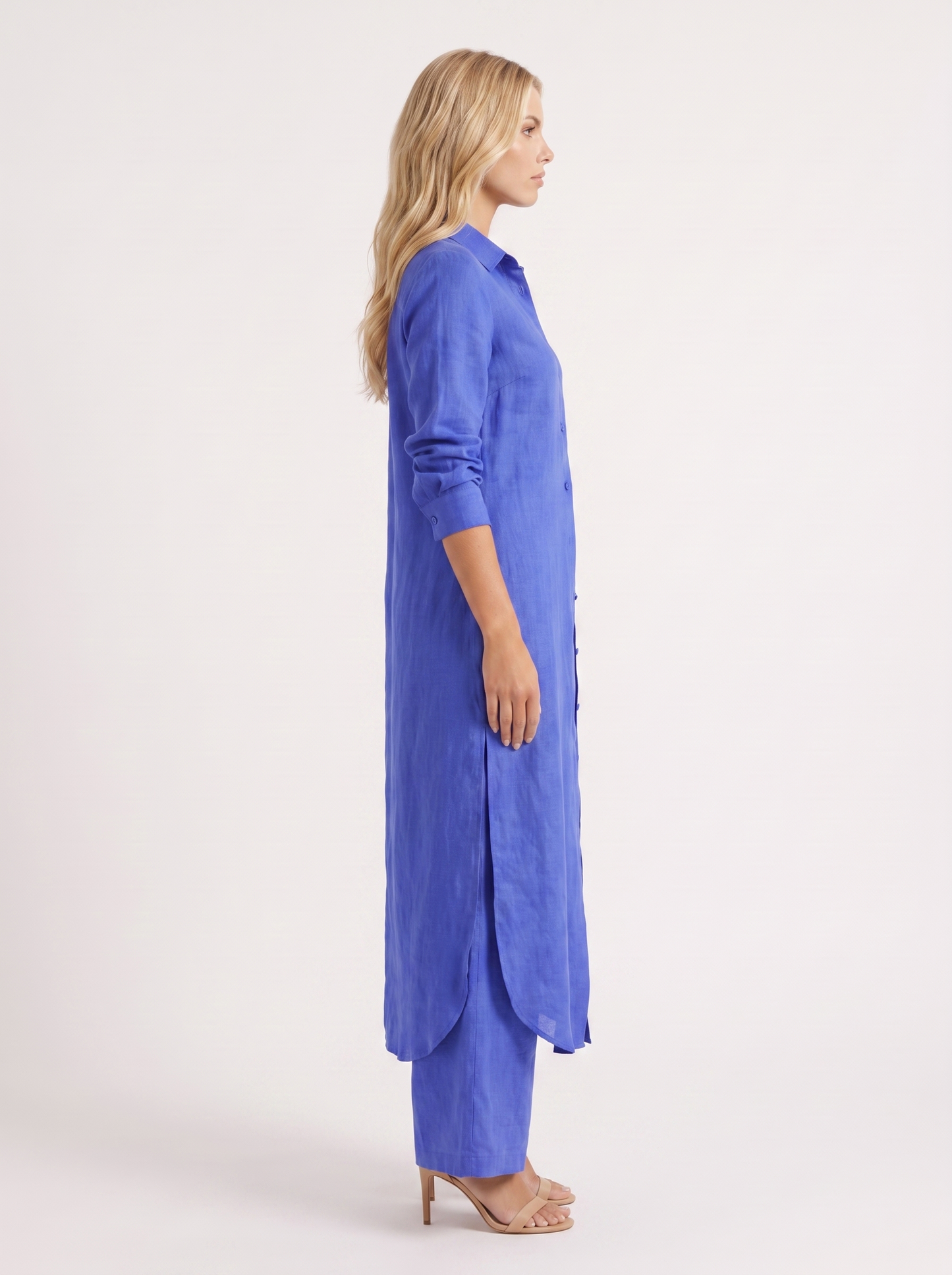 Women blue pants set with long collared shirt and button front